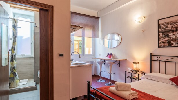 Une chambre à coucher comprenant un lit, une table de chevet, un miroir, une fenêtre et une salle de bain avec une douche et un lavabo.