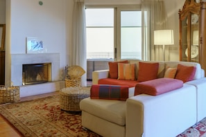 Smart TV, fireplace, books, stereo