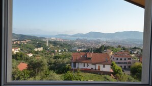 Vista desde una ventana que da a un pueblo con edificios, vegetación y montañas a lo lejos.