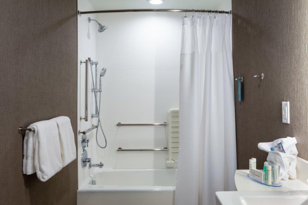 A modern bathroom with a shower, a bathtub, and a toilet.