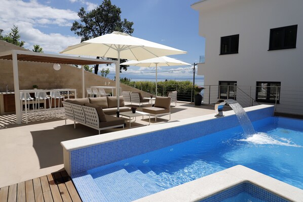 Seasonal outdoor pool, pool umbrellas, pool loungers