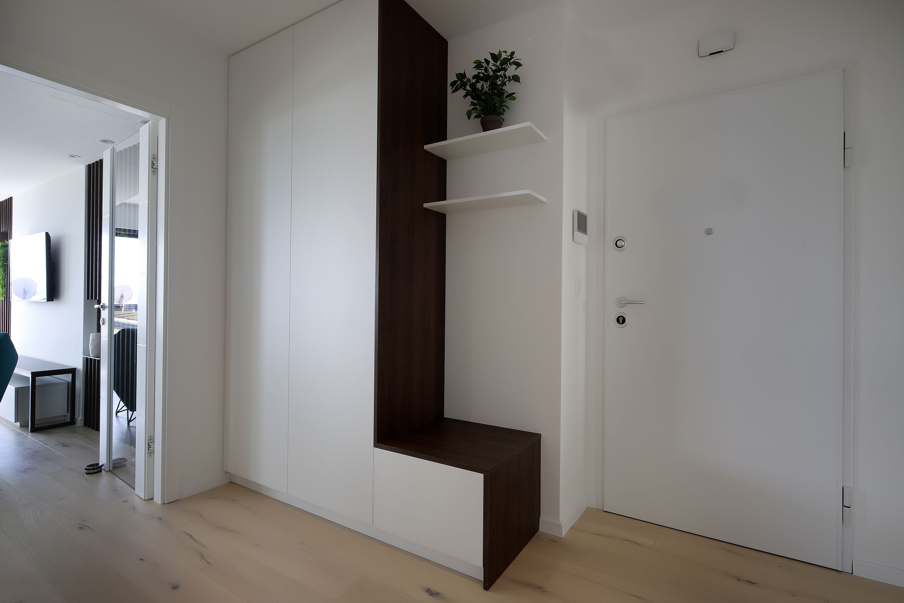 En modern inredning med en vit dörr, en mörk träpanel på en vägg och en krukväxt på en hylla som är monterad på väggen.