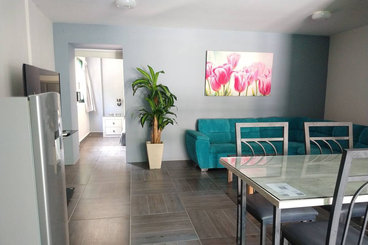 Una sala moderna con un sofá color turquesa, una mesa de comedor de vidrio y una planta en maceta.