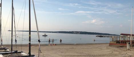 On the beach, sun-loungers, beach towels