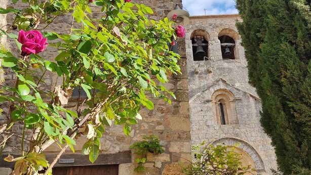 Un edificio de piedra con una puerta de madera, una torre de campanas y un gran árbol.