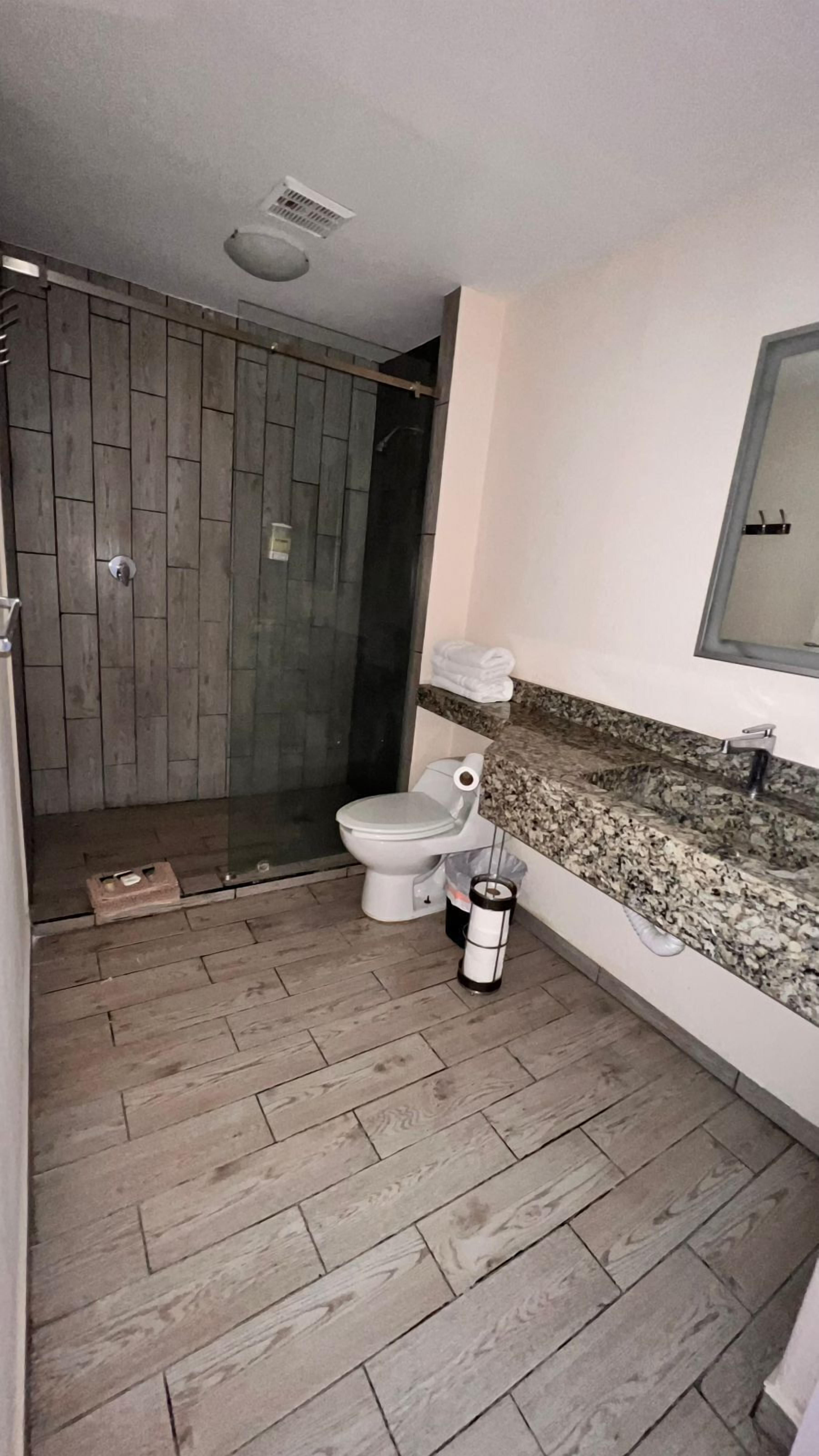 A bathroom with a shower, toilet, and sink.