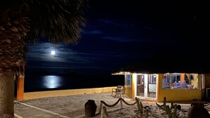 A beachside hut with a thatched roof, a paved walkway, and a view of the ocean. - Los Vientos Hotel (Bahia de los Angeles)