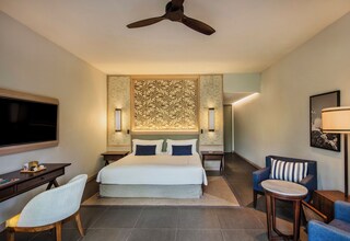 A hotel room with a bed, a desk, a chair, a television, and a ceiling fan.