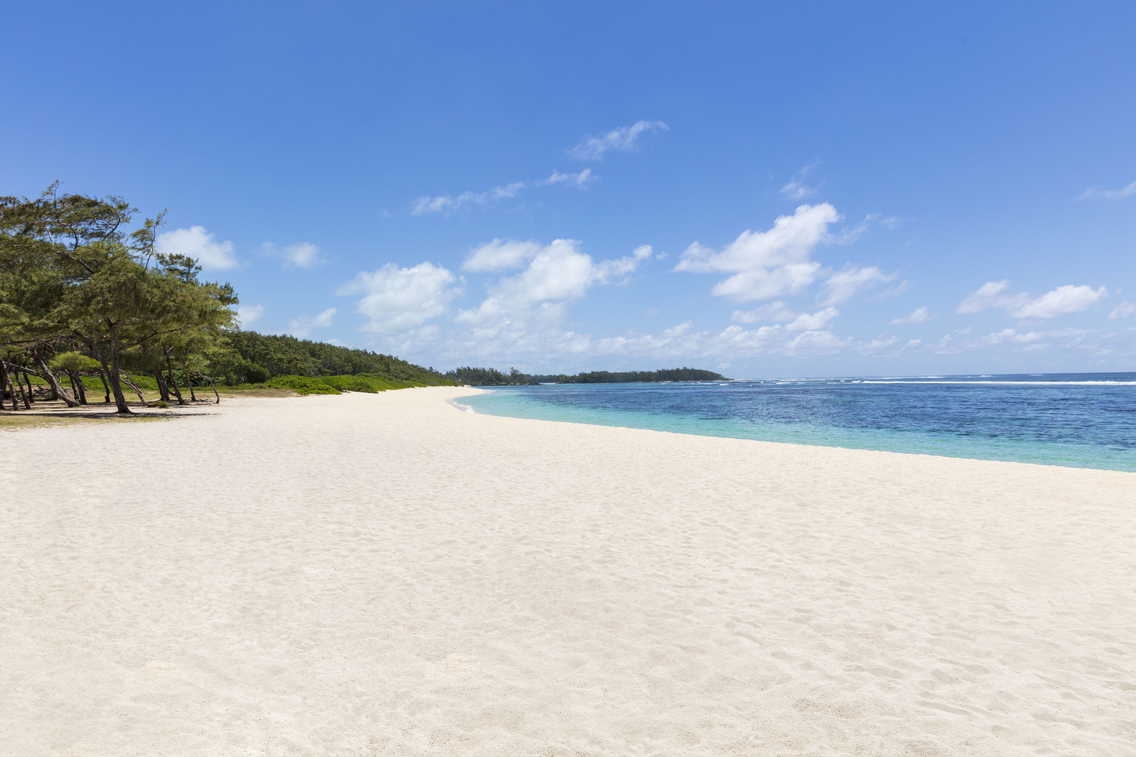 A beach with white sand, clear blue water, and a forested area.