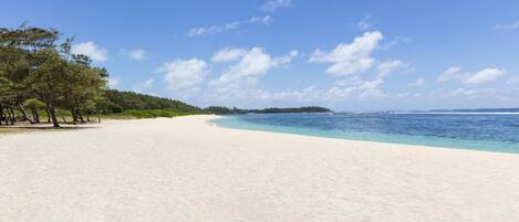 A beach with white sand, clear blue water, and a forested area.