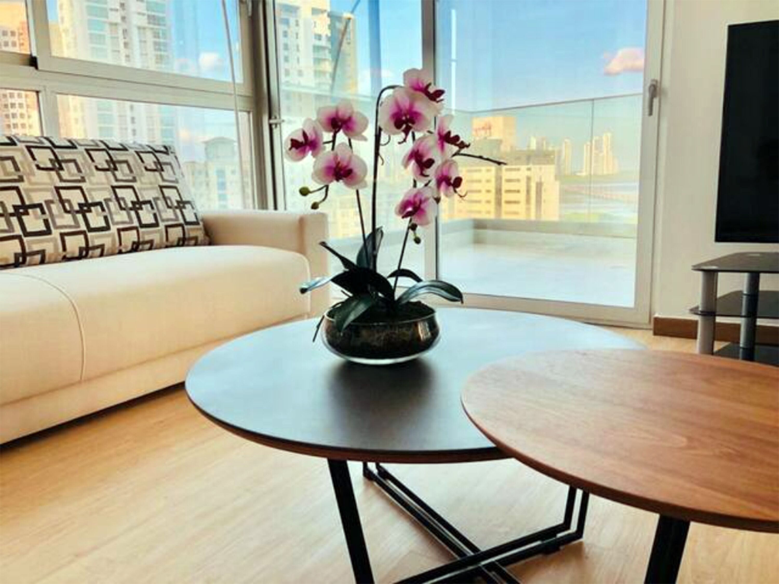 A modern living room with a sofa, a round table, and a potted orchid plant.