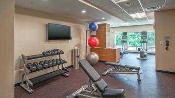 A gym with dumbbells, a bench, a ball, and exercise equipment.