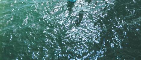 Une personne dans un kayak bleu sur une étendue d’eau calme, avec un bateau au loin et un ciel dégagé.