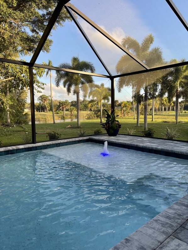 Piscina com fonte, cercada por um revestimento de vidro, com vista para palmeiras e um gramado.