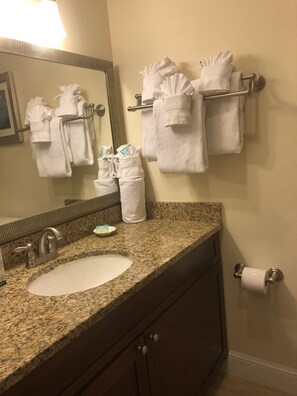 Hair dryer, towels, soap, shampoo