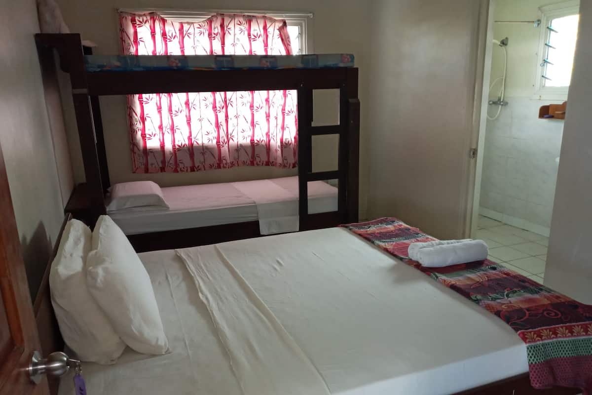 Una cama individual con estructura de madera, una litera encima y un baño con ducha y ventana.