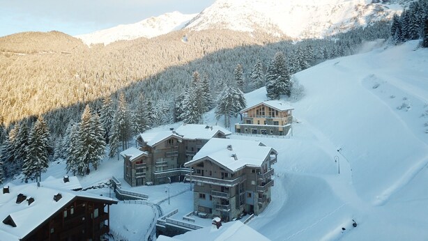 A snow-covered mountain resort with multiple buildings, including a large lodge and smaller cabins, surrounded by dense forests and snow-covered slopes. - F003 - 40 m2 - 2P - 2/4 pers (Prapoutel)