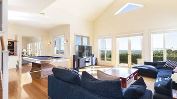 Smart TV, fireplace, video game console, ping pong