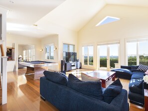 Smart TV, fireplace, video-game console, table tennis