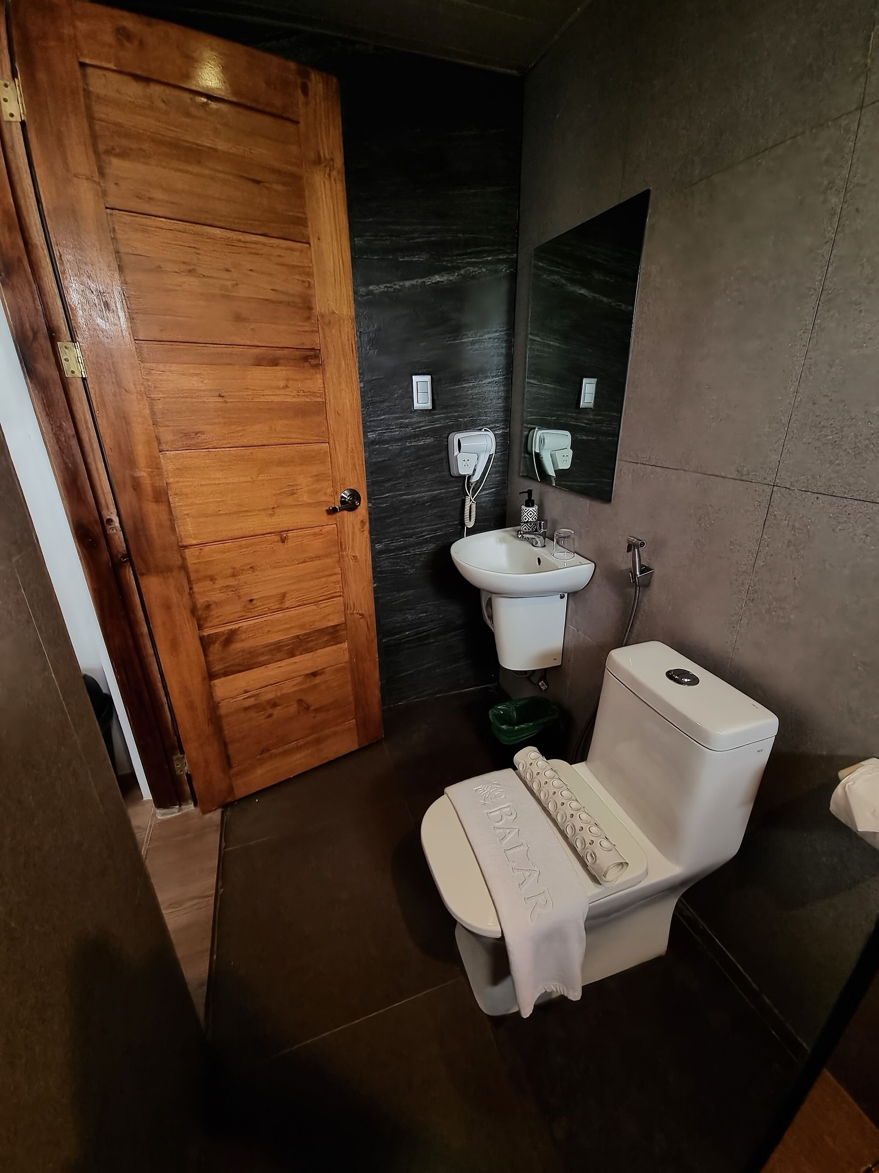 A bathroom with a wooden door, a white toilet, a sink, and a mirror.