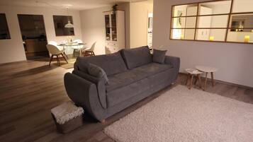 Fernseher, DVD-Player, Bücher, Musikbibliothek