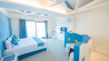 Desk, blackout drapes, soundproofing, rollaway beds