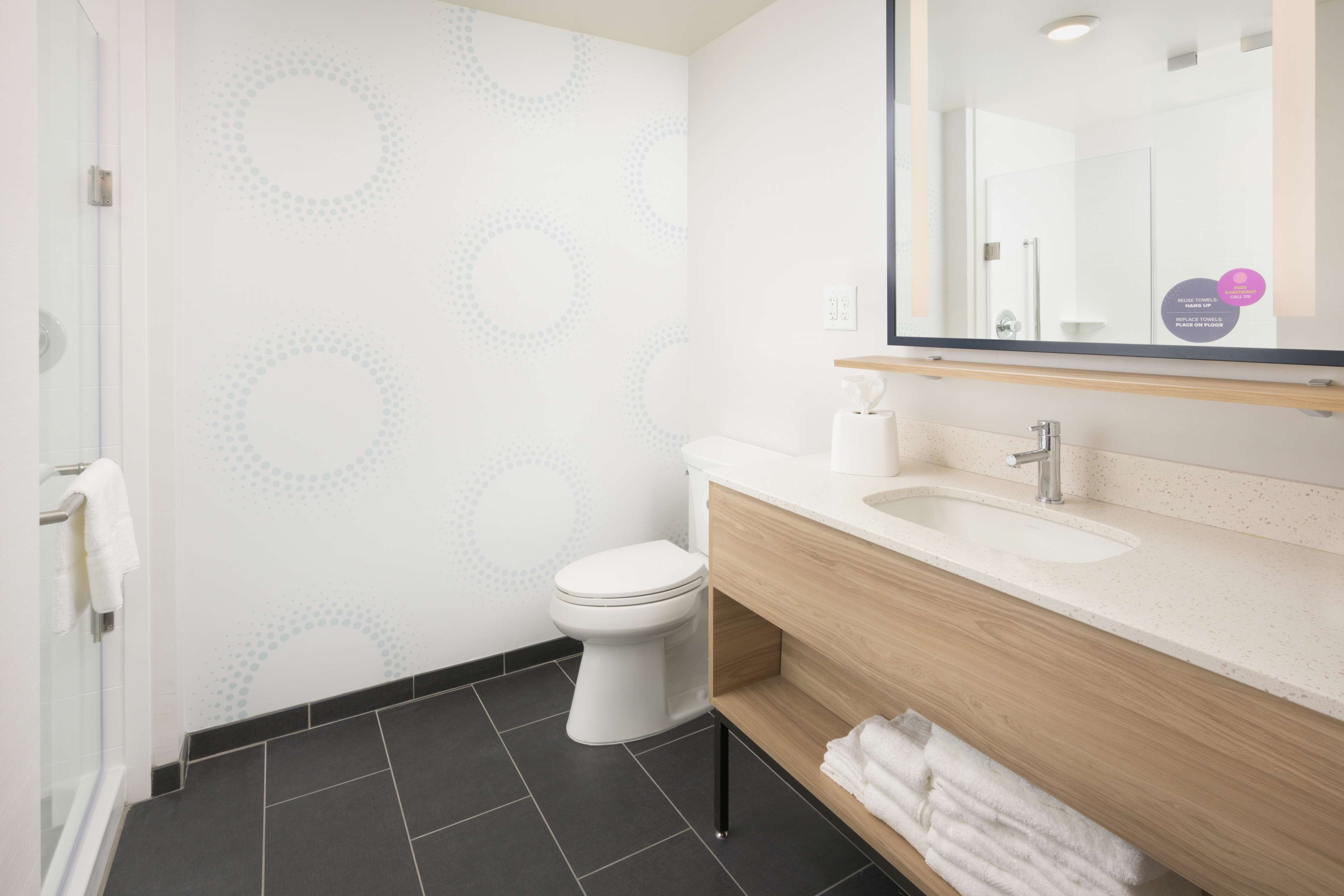 separate bathtub and shower, free toiletries, hair dryer, towels