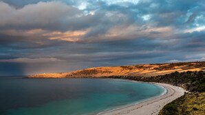 Ett kustlandskap med en sandstrand, ett lugnt hav och böljande kullar.