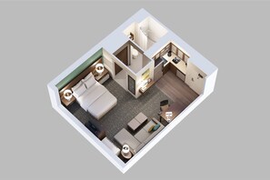 A 3D floor plan of a hotel room with a bed, seating area, kitchenette, bathroom, and a small balcony. - Staybridge Suites Scottsdale - Talking Stick by IHG (Scottsdale)