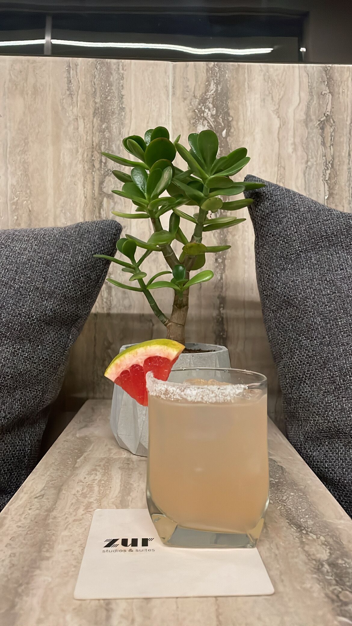 Un verre rempli de boisson sur une table en marbre, avec une petite plante en pot et une tranche de fruit.