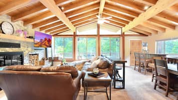 Smart TV, fireplace, video library