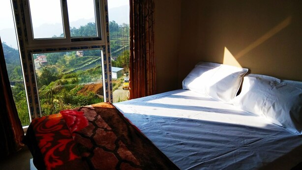 A bed with white linens and a view of a green landscape through a window.