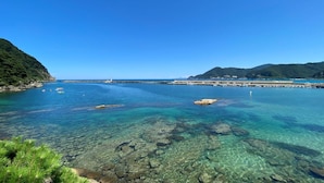 A coastal landscape with clear waters, rocky formations, and a distant pier. - Okukinosaki Seaside Hotel (Toyooka)