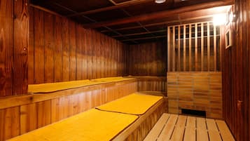 A sauna with wooden walls and benches.
