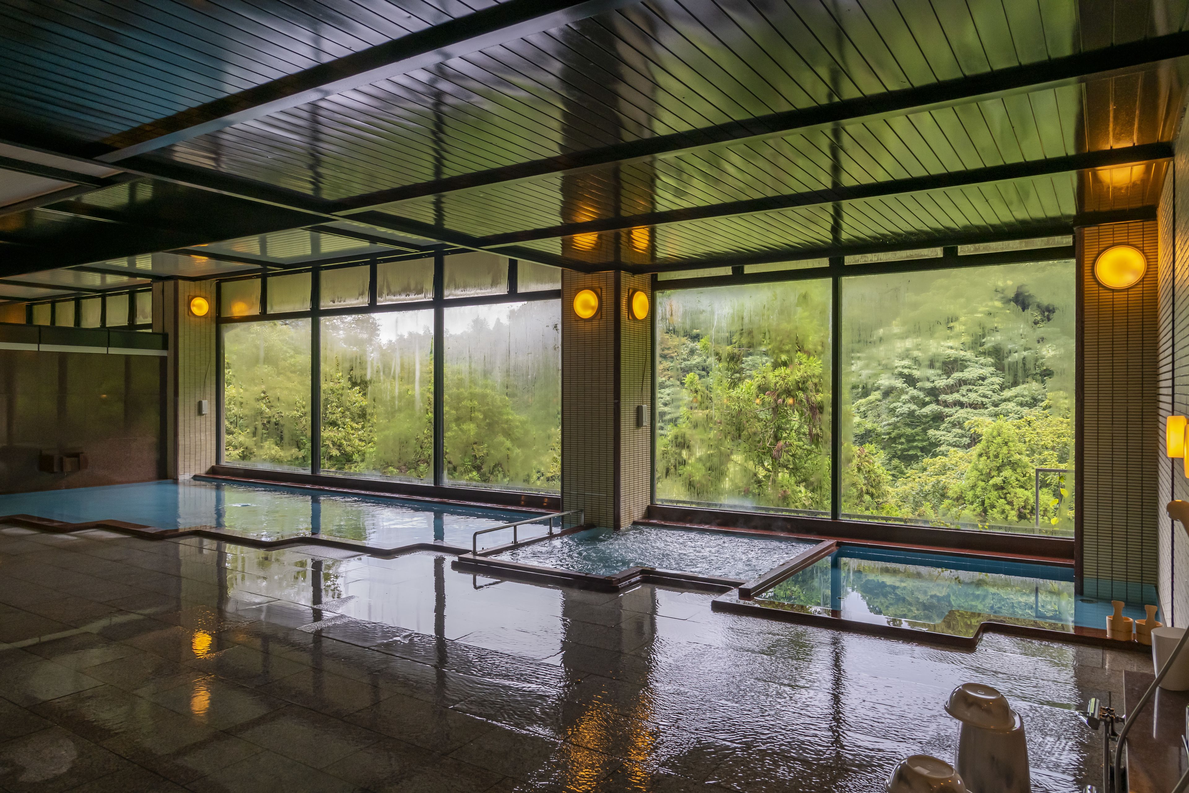 Ein Innenpool mit großen Glaswänden, Fliesenboden und Blick auf üppiges Grün im Freien.
