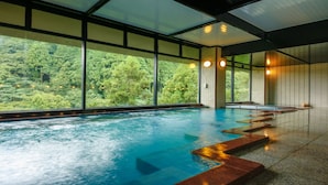 An indoor swimming pool with a view of a forest.
