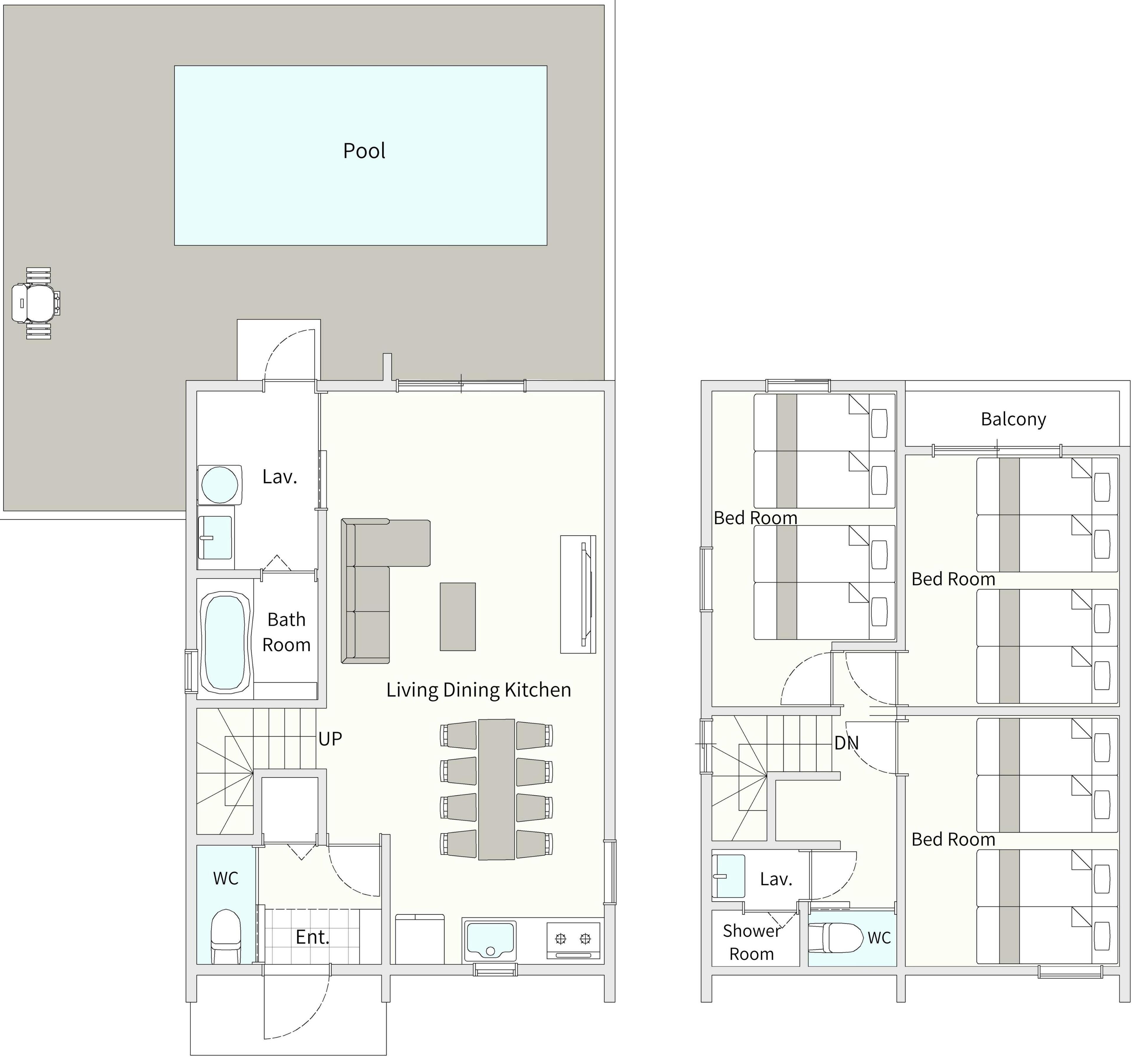 A floor plan of a hotel with a pool, living dining kitchen, and separate bedrooms.