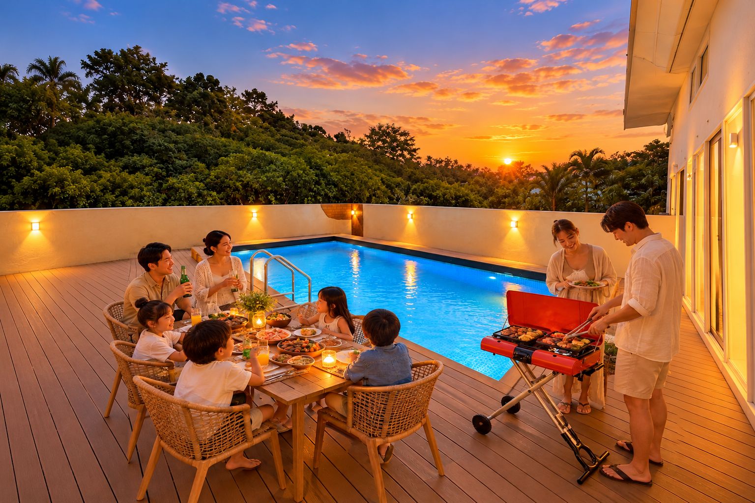 A group of people dining by a pool with a sunset in the background.