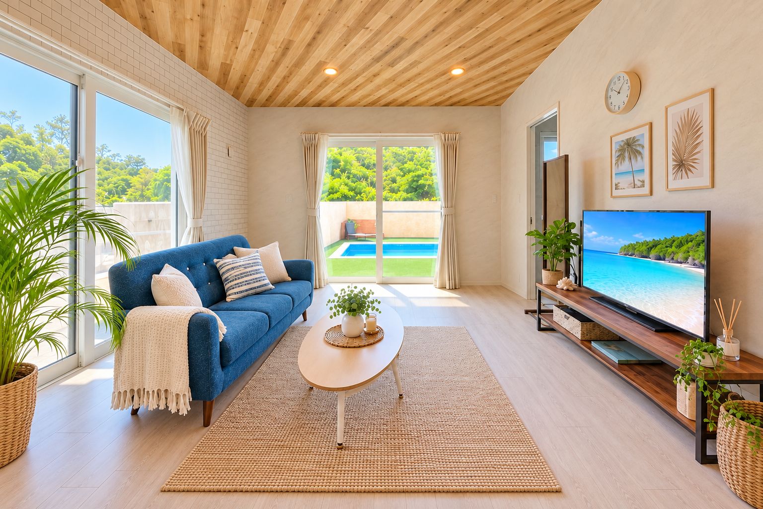A spacious living room with a blue sofa, a coffee table, and a television displaying a beach scene.