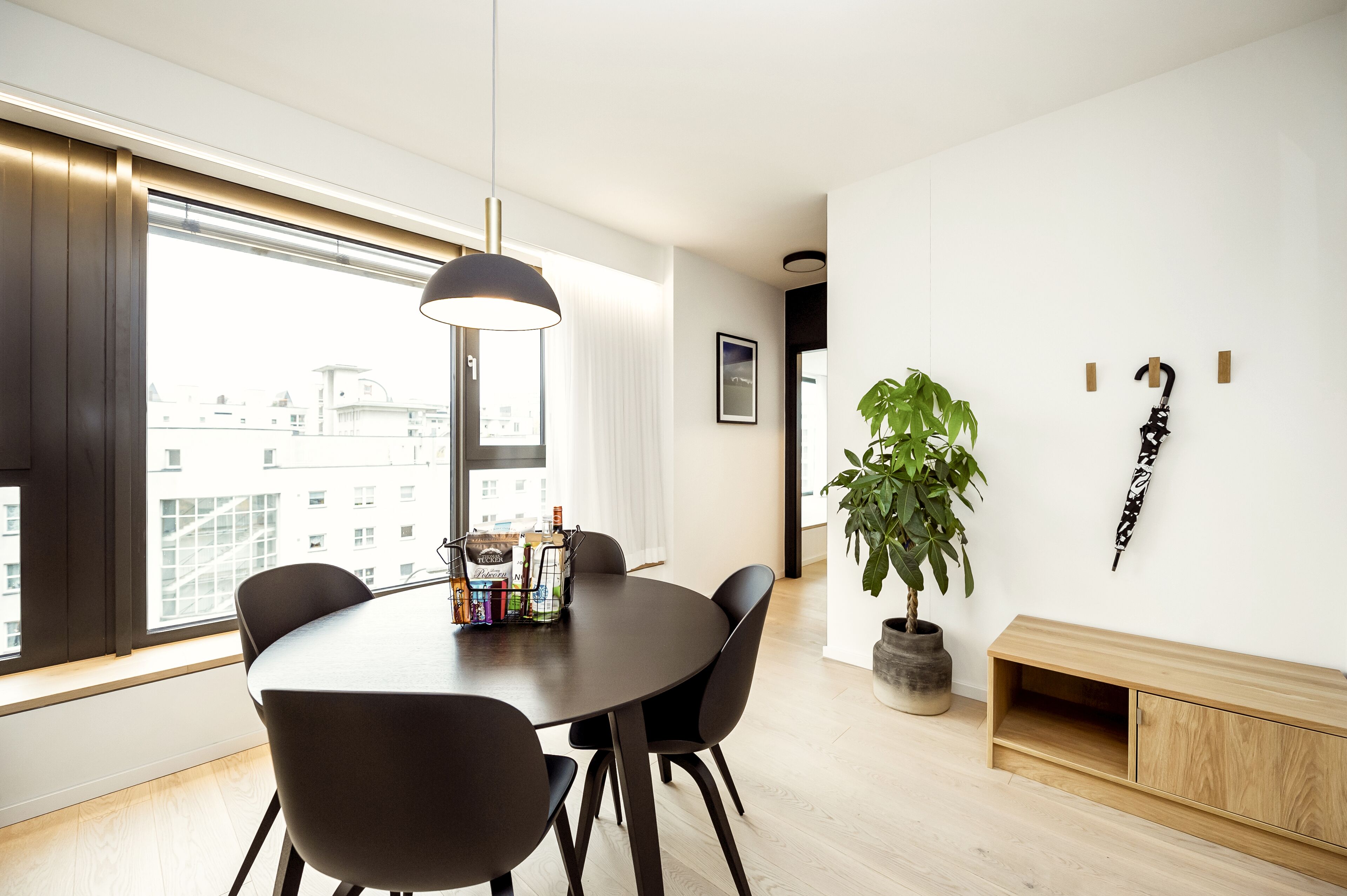 A modern dining area with a round table, black chairs, a hanging pendant light, a potted plant, and a wall-mounted coat rack.