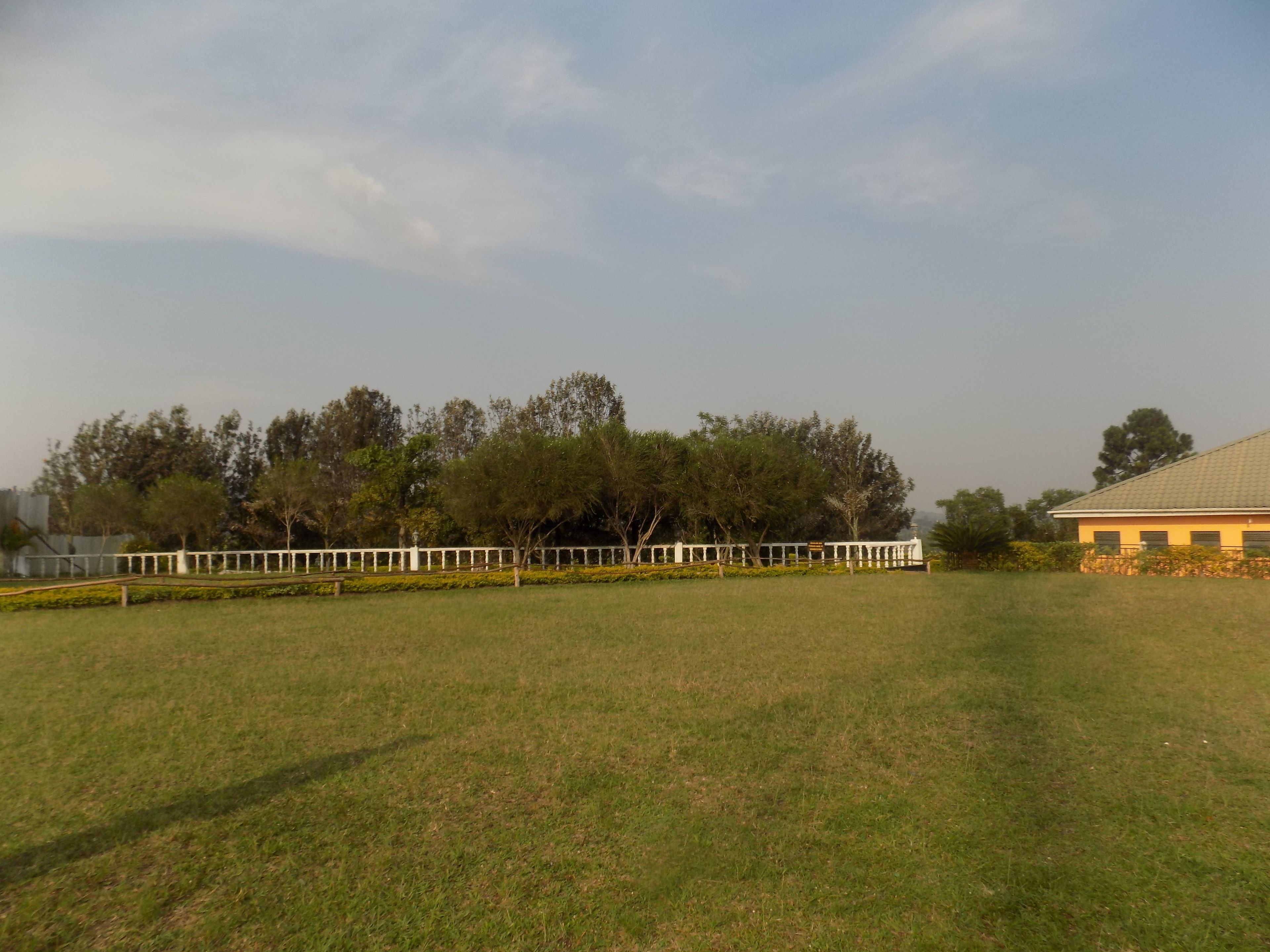 A grassy field with a white fence, trees, and a building with a yellow facade.
