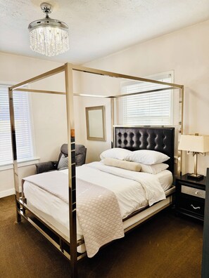 4 bedrooms, memory-foam beds, desk, iron/ironing board