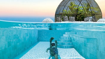 Indoor pool, outdoor pool, pool loungers