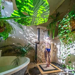 Relax in a serene garden setting surrounded by lush greenery and a spacious bathtub.