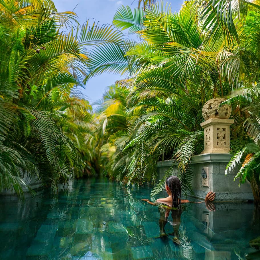A pool surrounded by lush palm trees and a stone structure with a spherical top.