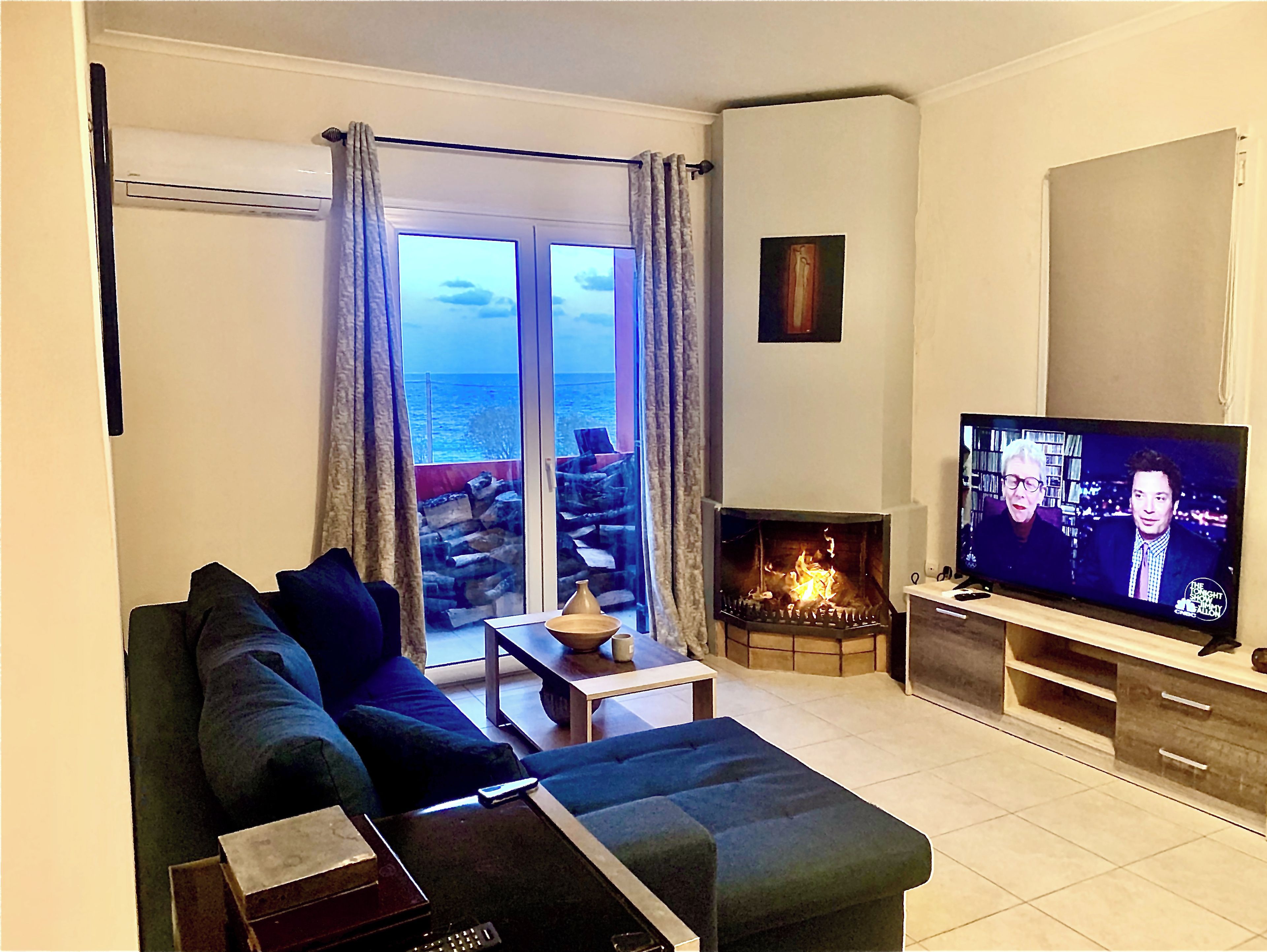 A living room with a sofa, a television displaying a show, a fireplace, and a view of the sea through a glass door.