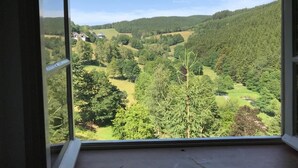 A view from a window overlooking a lush green landscape with trees and hills. - Haus Onel 2 (Nordenau)