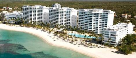 On the beach, sun-loungers