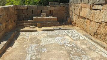 An ancient mosaic floor with geometric patterns, stone steps, and a stone wall.