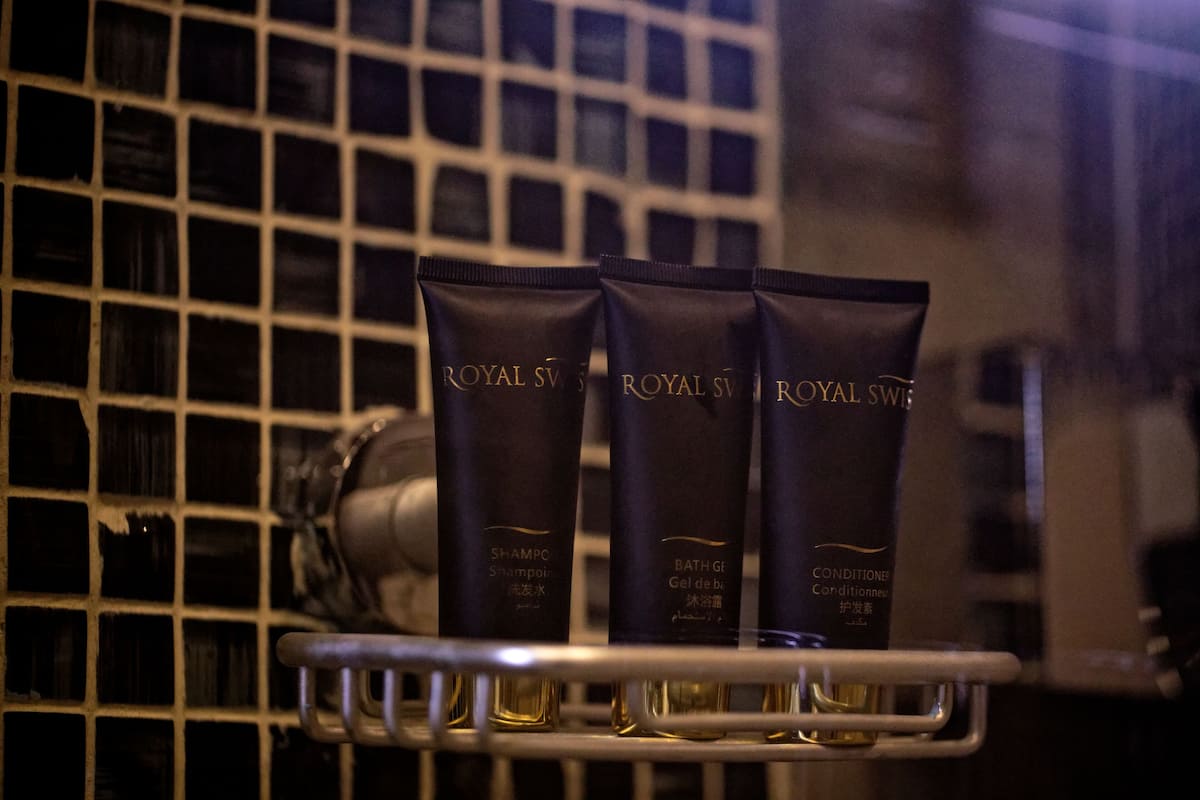 separate bathtub and shower, free toiletries, hair dryer, slippers